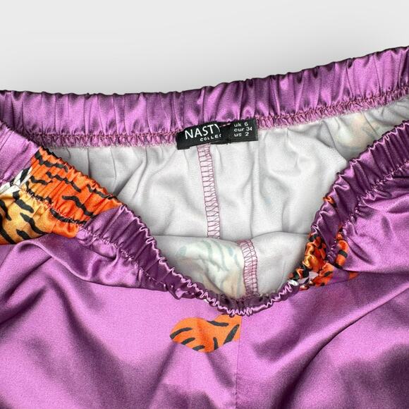 Nasty Gal Tiger Print Pajama Pant 2 Purple Satin Pull On Loungewear Vintage Glam - Picture 2 of 4